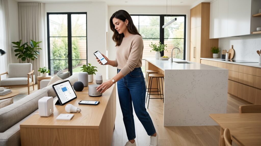 Woman setting up a Matter smart home hub with connected devices in a luxury modern home.