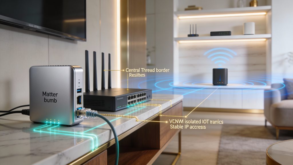 Luxury smart home network setup with wired Matter hub, segmented IoT traffic, and optimized Thread and Wi-Fi placement.