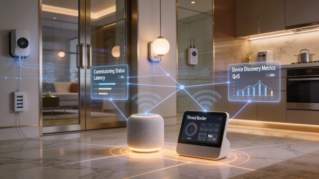 Luxury smart home showing Thread and Wi-Fi mesh integration for Matter devices with floating connectivity and performance metrics.