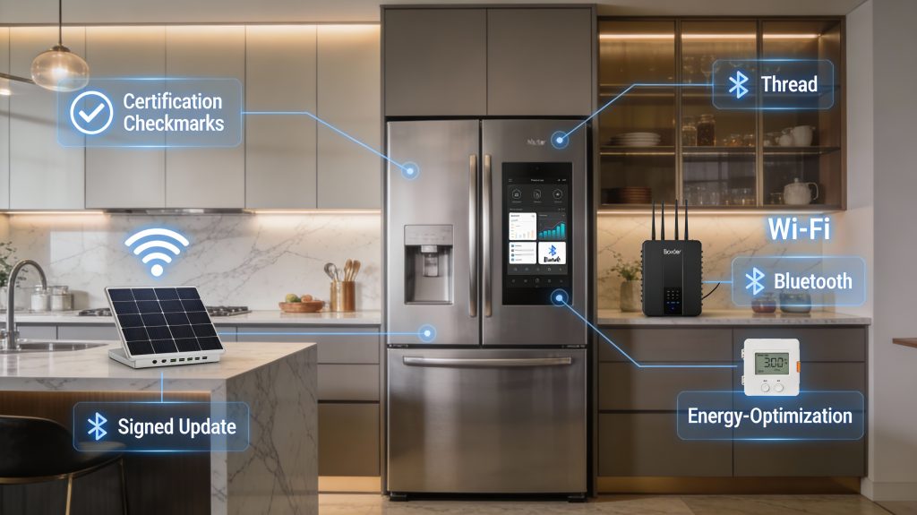 Luxury matter-ready smart fridge displayed during setup in a high-end kitchen with energy and network integration visuals.