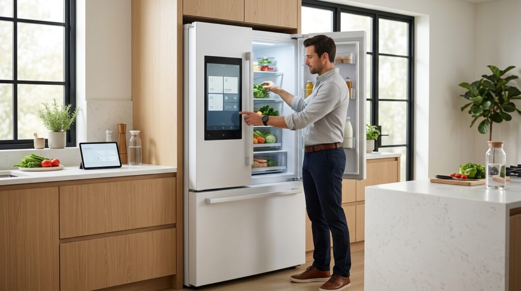 Matter-ready smart refrigerator with connected kitchen technology in a luxury home.