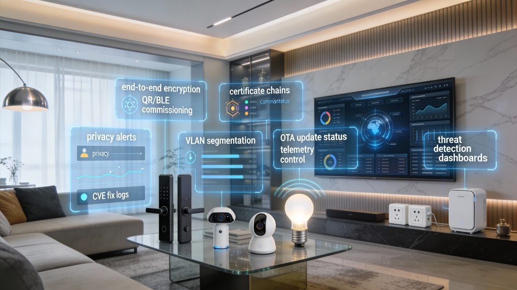 Luxury smart home with Matter devices showing security overlays, encryption status, VLAN segmentation, and telemetry dashboards.