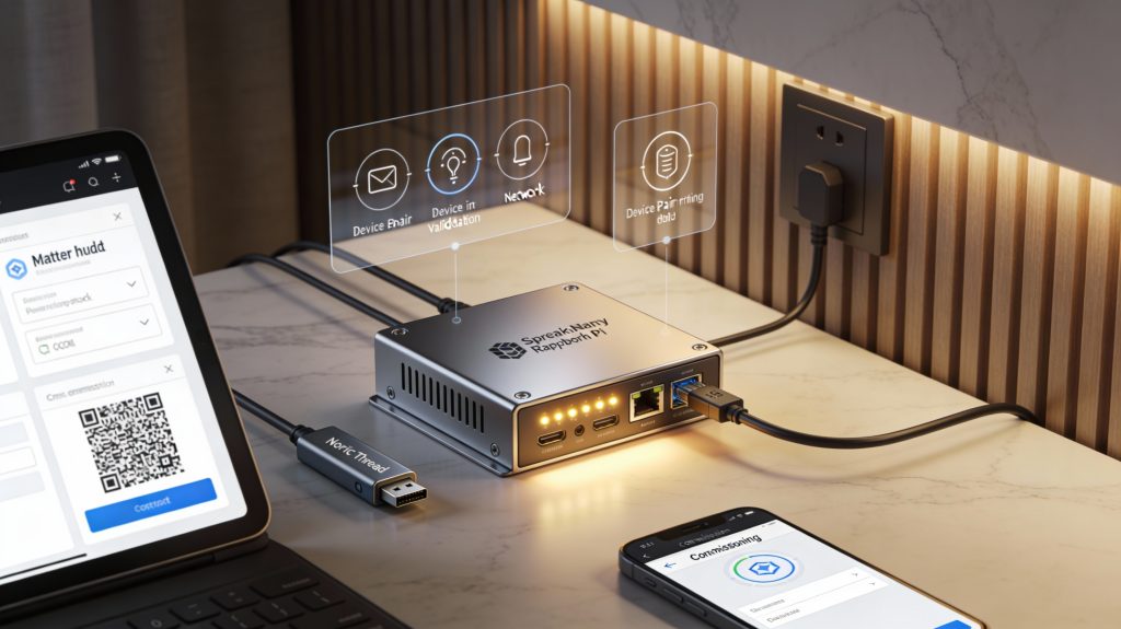 Luxury smart home Matter hub installation with Thread devices being commissioned.