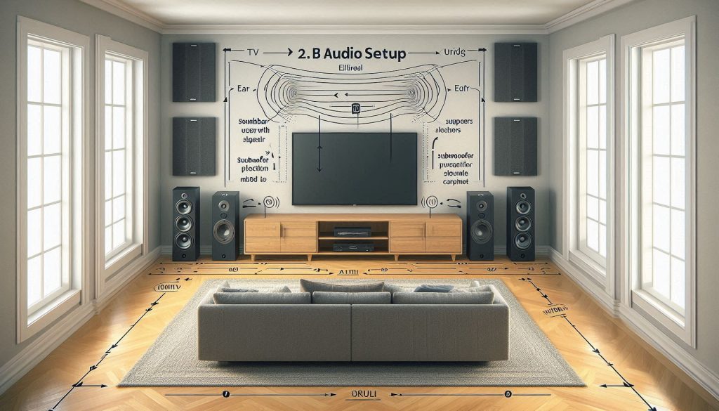 2.1 soundbar and sub setup in a large room with overlays showing sub placement, crossover, phase alignment, and acoustic treatments including absorption panels, bass traps, and diffusion.