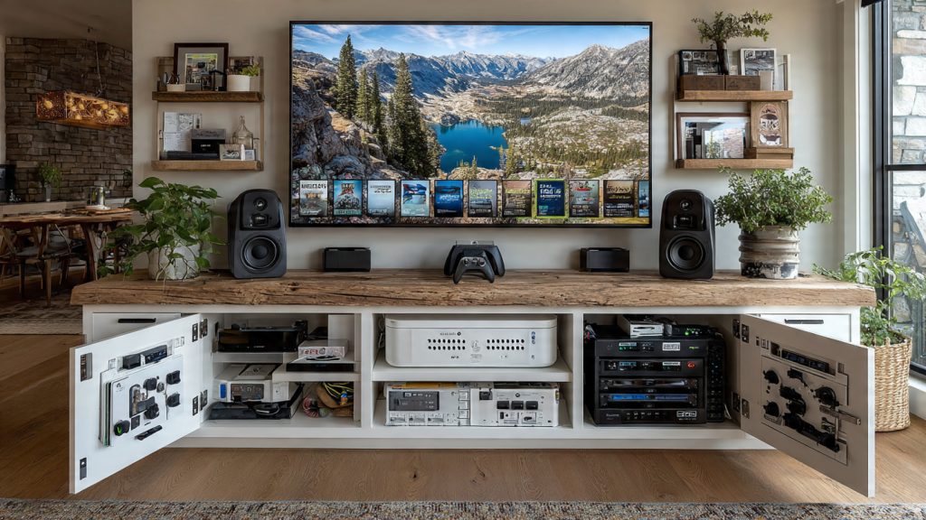 Home theater media cabinet with built-in cord cutouts and grommets hiding and organizing cables
