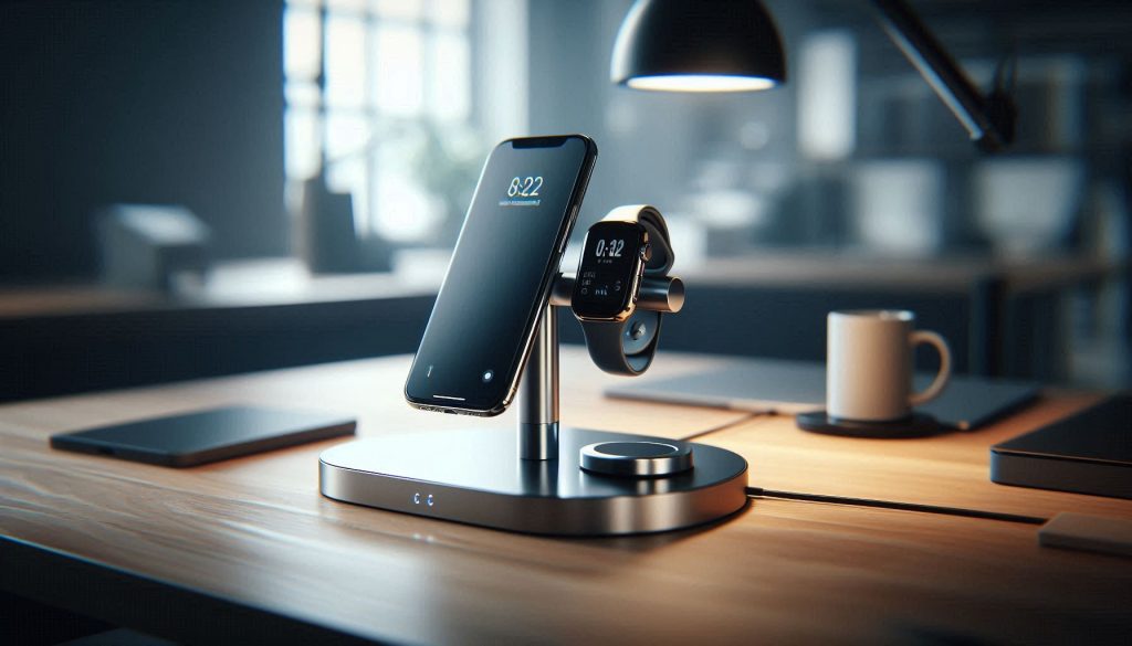Minimalist 3-in-1 magnetic stand holding a phone, smartwatch, and earbuds, with floating design and no visible cables, on a modern office desk.