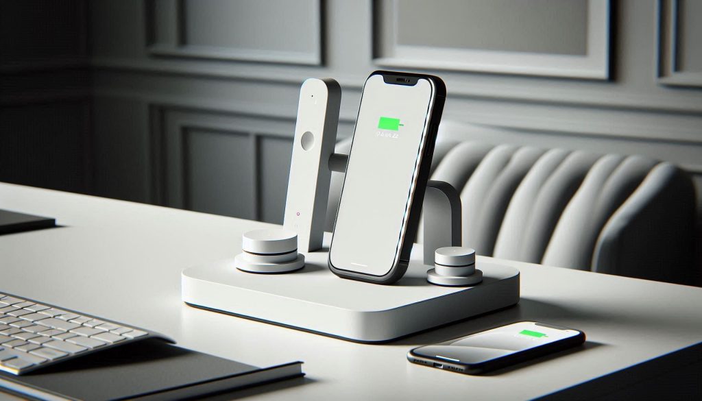 Minimalist 3-in-1 magnetic charging stand in white with geometric design, integrated wireless pads for phone, smartwatch, and earbuds on a clean office desk.