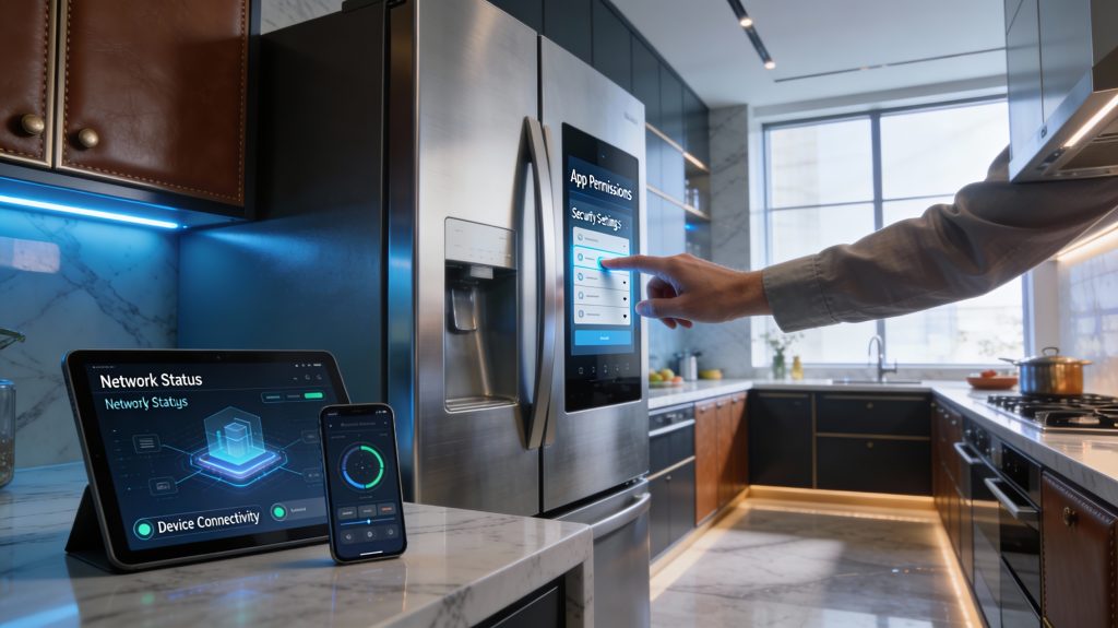 A hyper-luxury smart kitchen with a high-end smart fridge, touchscreen showing app permissions, tablet and phone displaying network security, marble countertops, designer cabinetry, ambient LED lighting, and soft natural light.