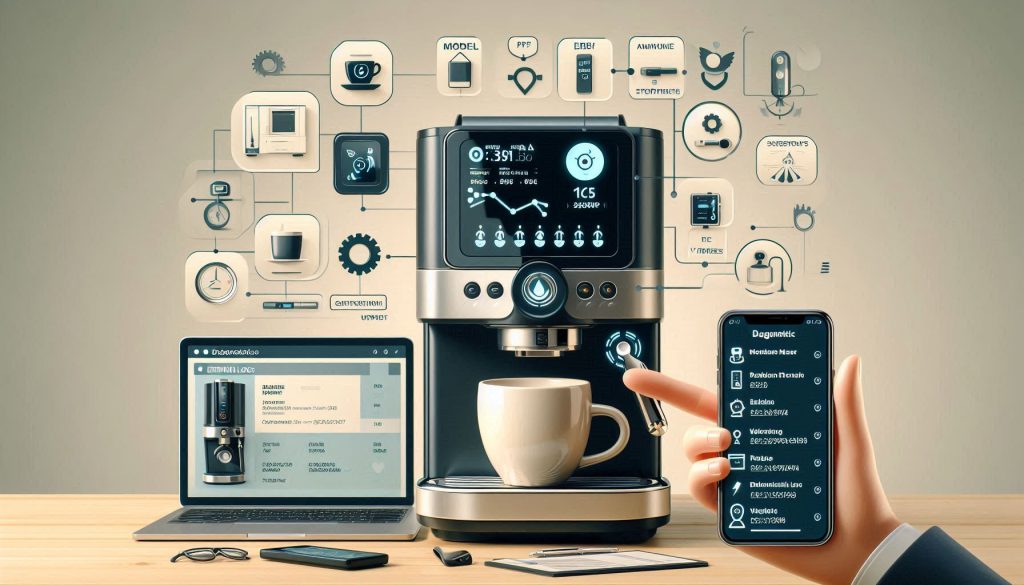 Smart coffee machine with serial/model label visible, laptop showing service manual, smartphone displaying diagnostic logs, illustrating model-specific reset instructions.