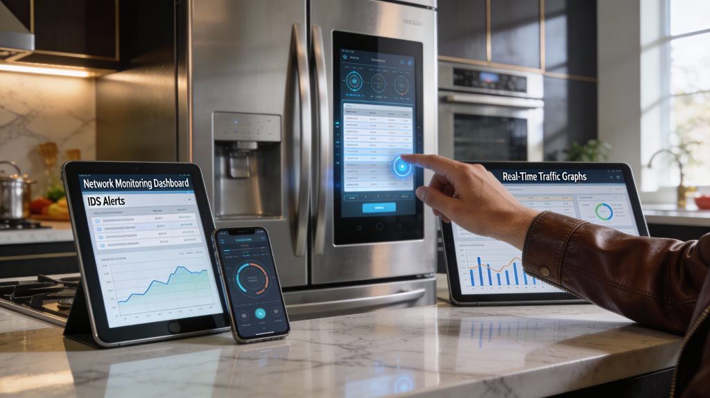 Luxury smart kitchen with a premium fridge showing diagnostic logs and intrusion alerts on its touchscreen, surrounded by tablet and laptop dashboards displaying network monitoring, marble countertops, designer cabinetry, and ambient LED lighting.