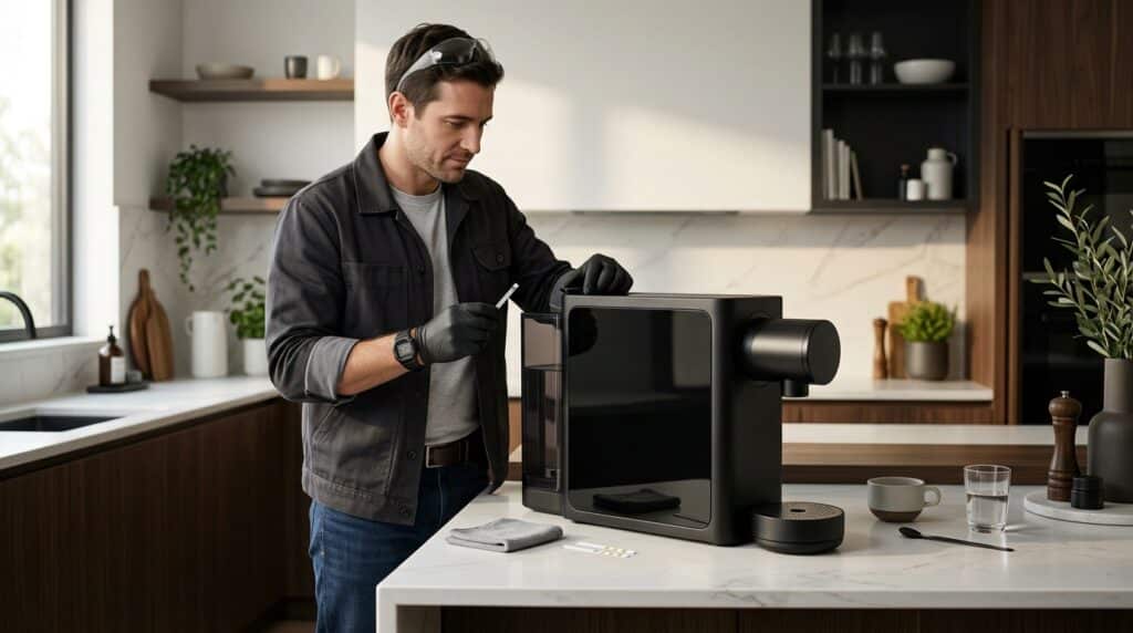 Homeowner maintaining a Morning Machine-style specialty pod coffee machine in a luxury kitchen.