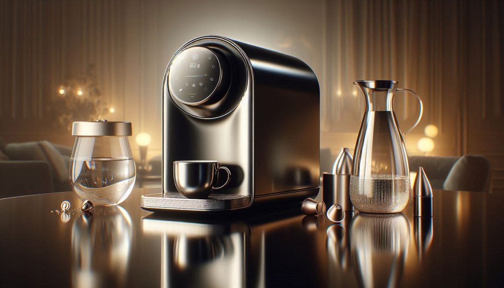 A premium specialty pod coffee machine with stainless steel and black glass, glowing LED indicators, on a glossy marble surface, with coffee pods artfully arranged nearby.