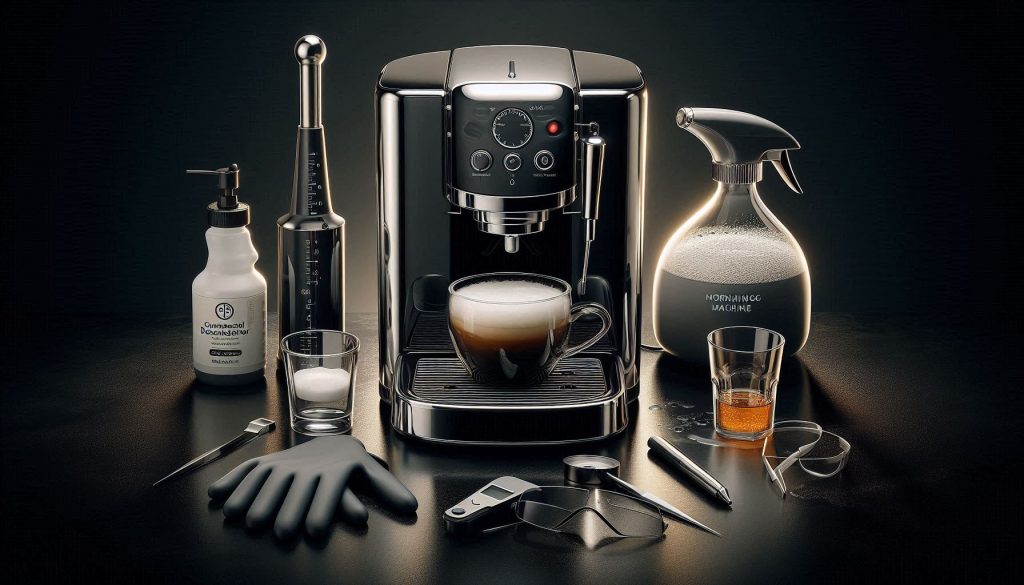 Luxury specialty pod coffee machine with descaling tools: citric acid, commercial descaler, thermometer, measuring cup, gloves, and safety glasses, arranged for a step-by-step protocol.