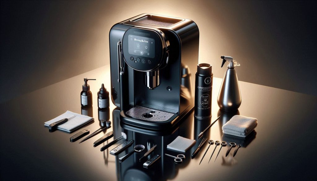 Luxury Morning Machine with post-descaling troubleshooting tools: infrared thermometer, pH strips, cleaning brushes, pick set, compressed air, replacement O-rings, and microfiber towel.