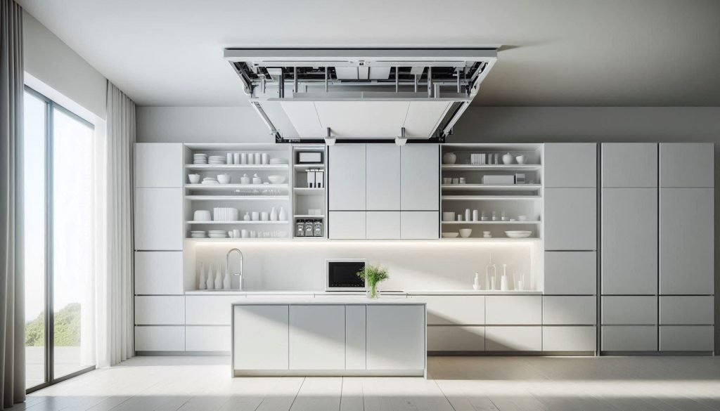 Motorized and modular smart storage systems maximizing vertical space in a white kitchen.