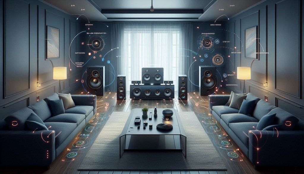 comparison of three audio setups—discrete 5.1, modular soundbar with sub and rear satellites, and premium single-piece soundbar—with overlays showing bass, SPL, and surround imaging.