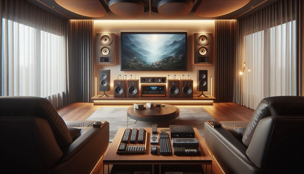 Essential home theatre accessories including acoustic panels, smart remote, premium cables, and lighting