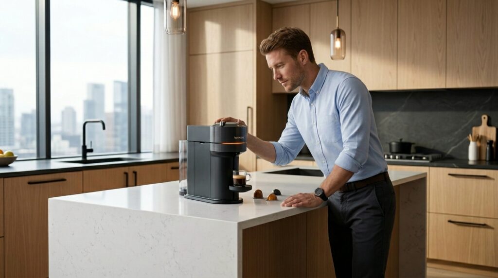 White male homeowner examining the orange maintenance light on a Nespresso Vertuo Next