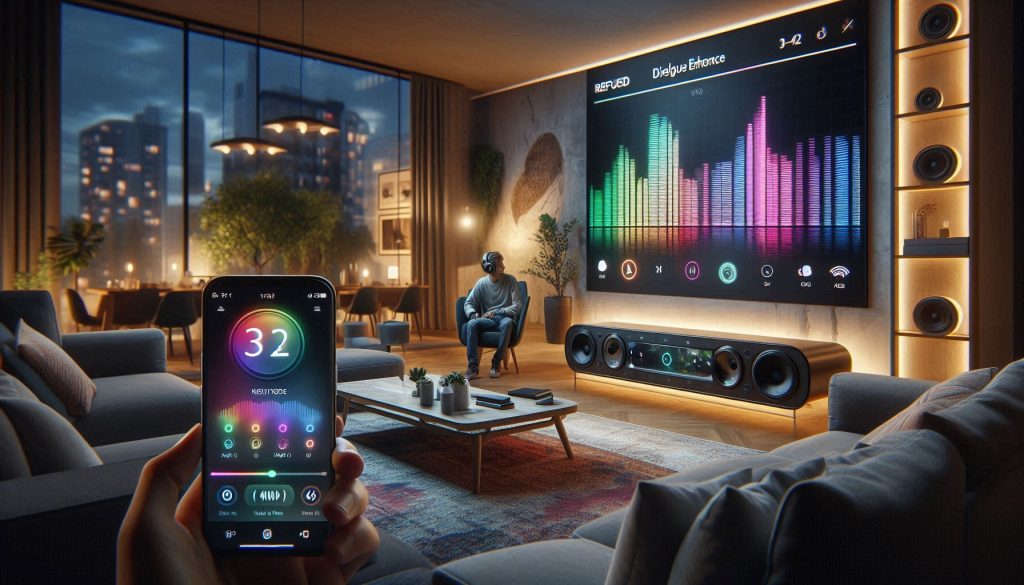 Apartment living room with soundbar showing night mode and EQ adjustments, listener using headphones, visual indicators of bass reduction and volume limits