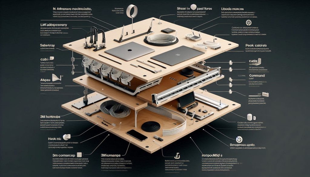 Comparison of adhesive-backed trays and hook mounts for no-drill under-desk cable management.