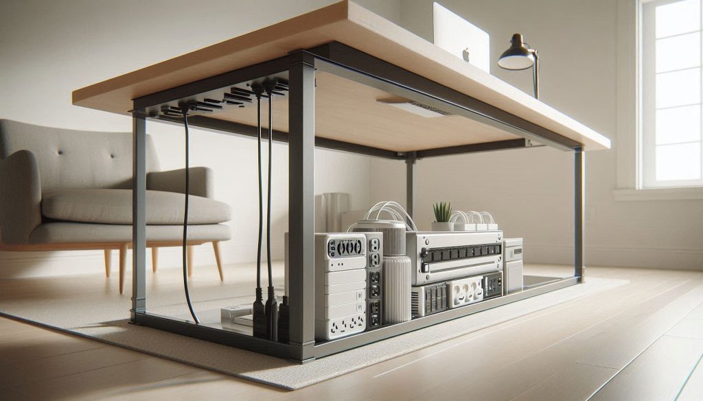 No-drill under-desk cable management tray holding a power strip and organized cables in a minimalist home office setup.
