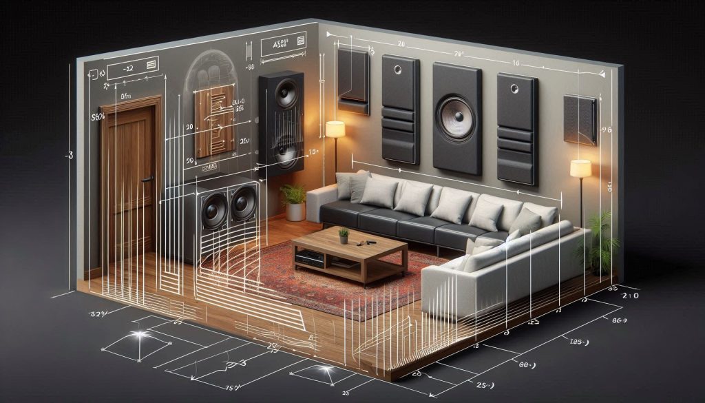 All-in-one soundbar in a living room showing boundary-coupled placement, bass wave interactions, and room acoustic treatments for optimal low-frequency performance.