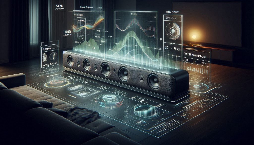 All-in-one soundbar with floating technical overlays showing frequency response, SPL, THD, and driver specifications in a modern living room setup.