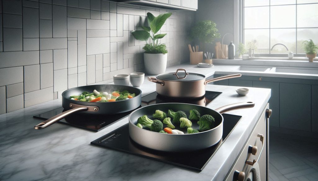 non-toxic ceramic cookware pans displayed in a modern luxury kitchen