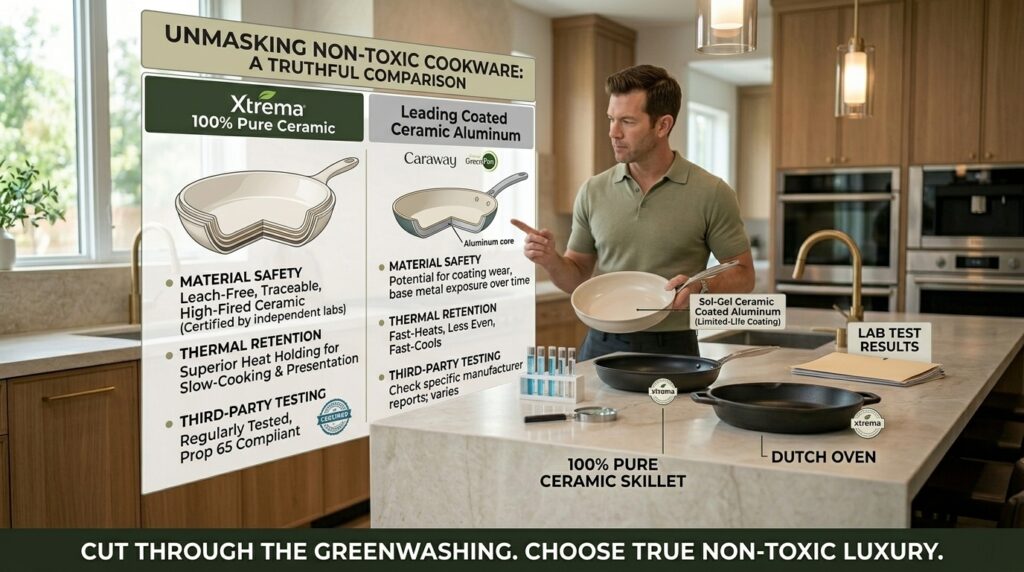 Homeowner evaluating premium cookware materials and cooking surfaces in a luxury kitchen.