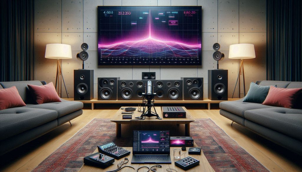 Objective soundbar testing setup showing SPL measurements, frequency response graphs, and blind listening comparison.