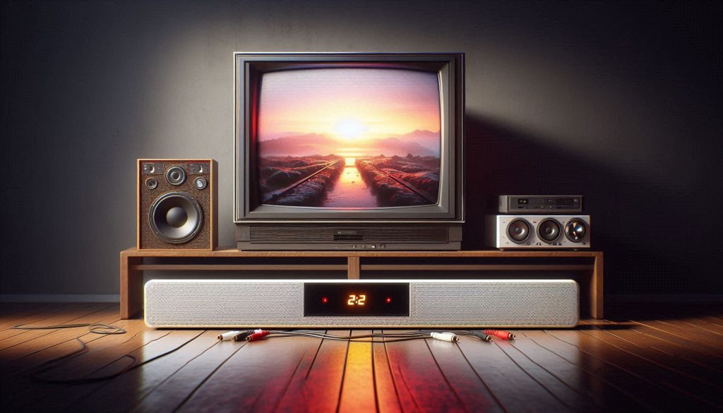 Older TV with thick bezel connected to a modern white soundbar and subwoofer via red, white, and black RCA cable