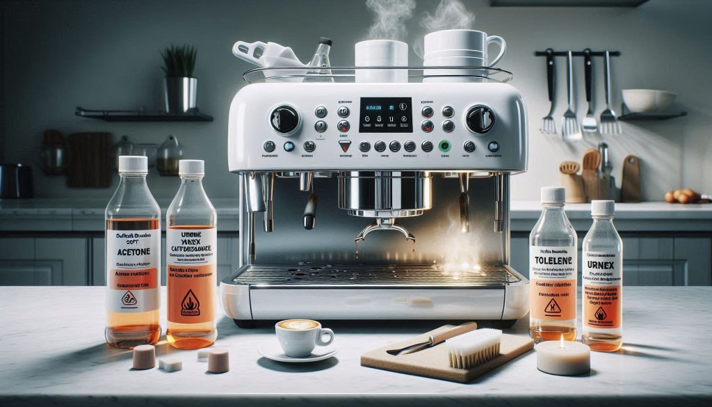 White espresso machine with bottles of acetone, toluene, and xylene; damaged gaskets, cracked plastic, and inset showing safe cleaning alternatives.