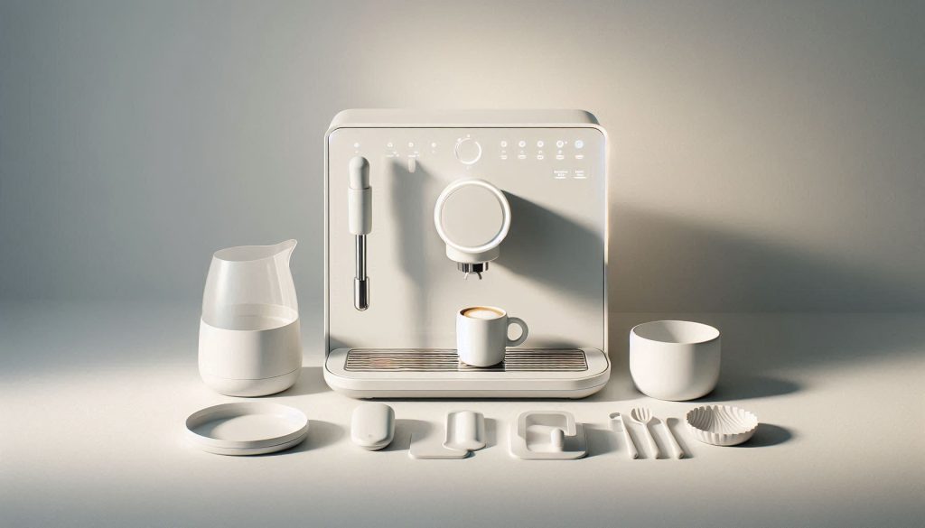 White automatic coffee machine with removable accessories displayed in a minimalist studio setting.