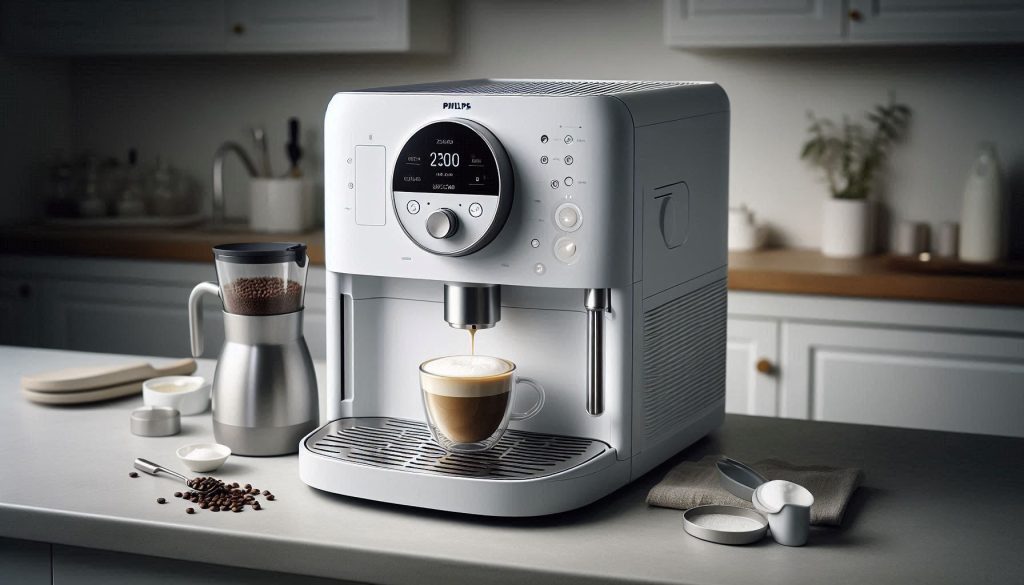White Philips 2300 machine with LatteGo module, bean hopper open, and accessories including water filter and milk frother, illustrating customizable brewing options.