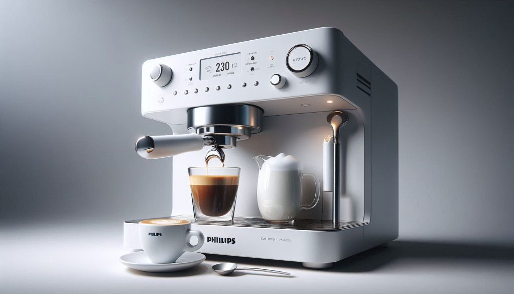 White Philips 2300 machine pulling espresso with crema and frothing milk into a latte, showing microfoam quality.