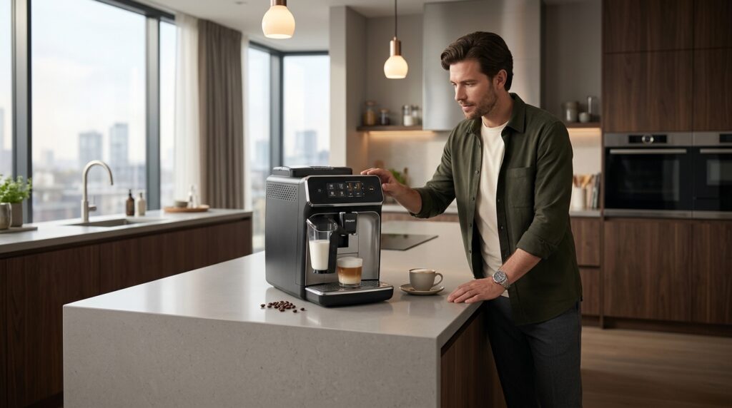 Philips 2300 LatteGo espresso machine being evaluated in a modern luxury kitchen.