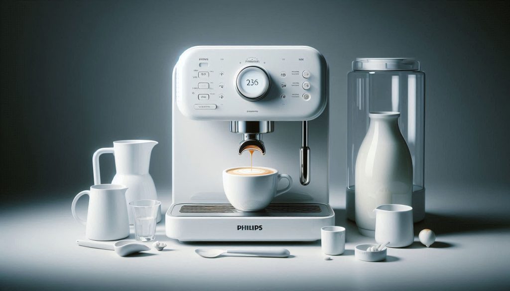 White automatic espresso machine with LatteGo milk module frothing milk into a latte, showing espresso extraction and accessories.
