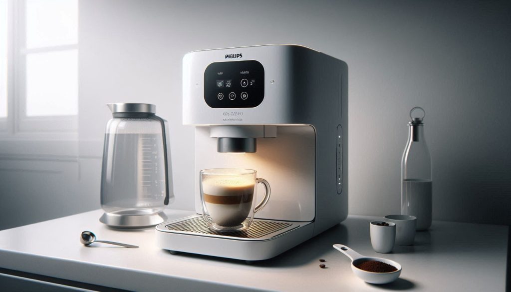 White Philips 2300 machine with LatteGo module and freshly brewed milk coffee, showing accessible drip tray and water tank for daily maintenance.