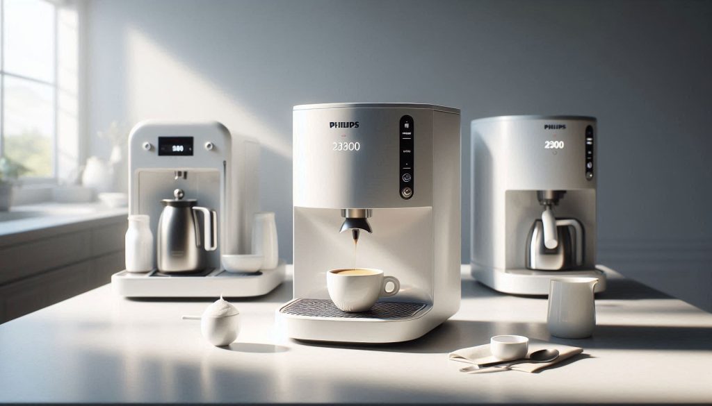 White Philips 2300 with LatteGo module on countertop, espresso cup and handheld frother nearby, with blurred higher-end coffee machines in background for comparison.