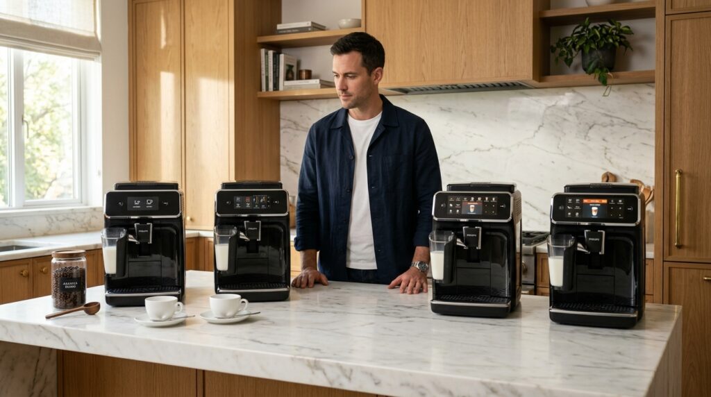 Four Philips LatteGo espresso machines displayed together for a premium model comparison.