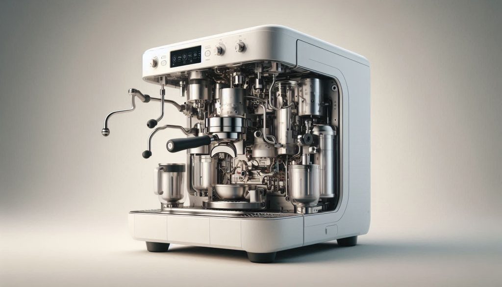 white automatic espresso machine with visible brewing components and LatteGo milk system in a technical cutaway view