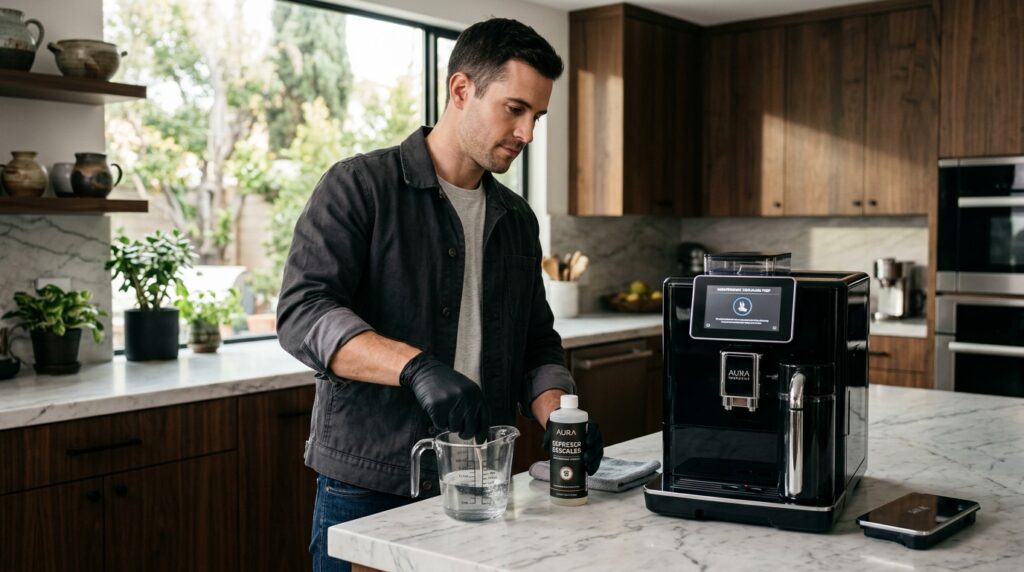 Homeowner preparing to descale a Philips LatteGo Smart fully automatic espresso machine in a luxury kitchen