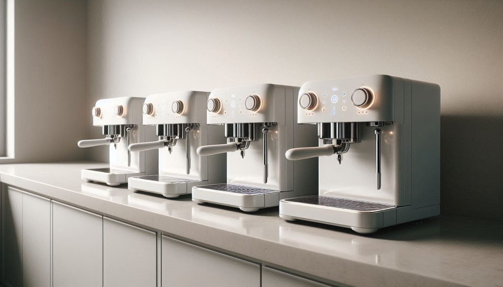 four white automatic espresso machines lined up on a countertop showing consistent design and everyday use readiness