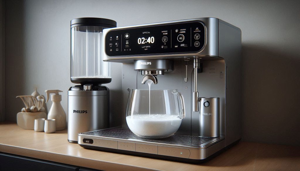 Philips LatteGo Smart espresso machine performing an official descaling cycle with container collecting solution.