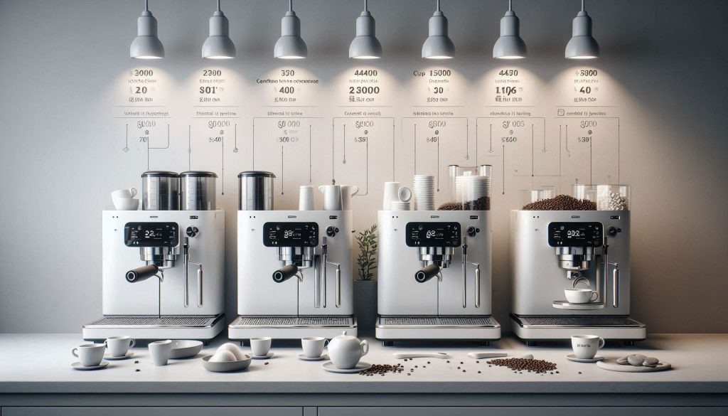 Four white Philips LatteGo espresso machines lined up on a modern kitchen counter with accessories and subtle cost infographics, illustrating TCO comparisons.