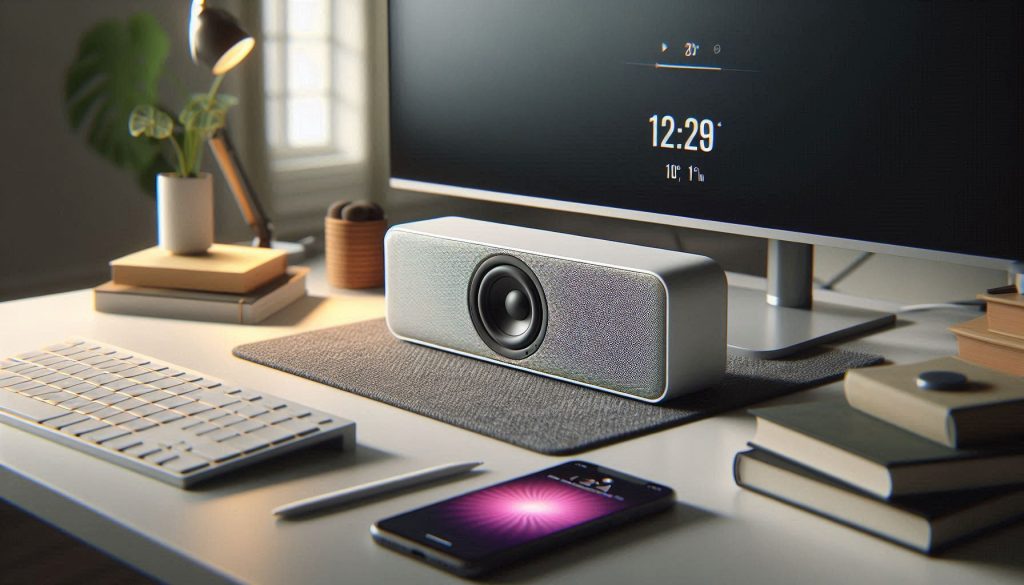 White compact soundbar on a desk with isolation pads, forward tilt, slight toe-in, and small diffusion elements to improve clarity, with smartphone showing RTA measurement.