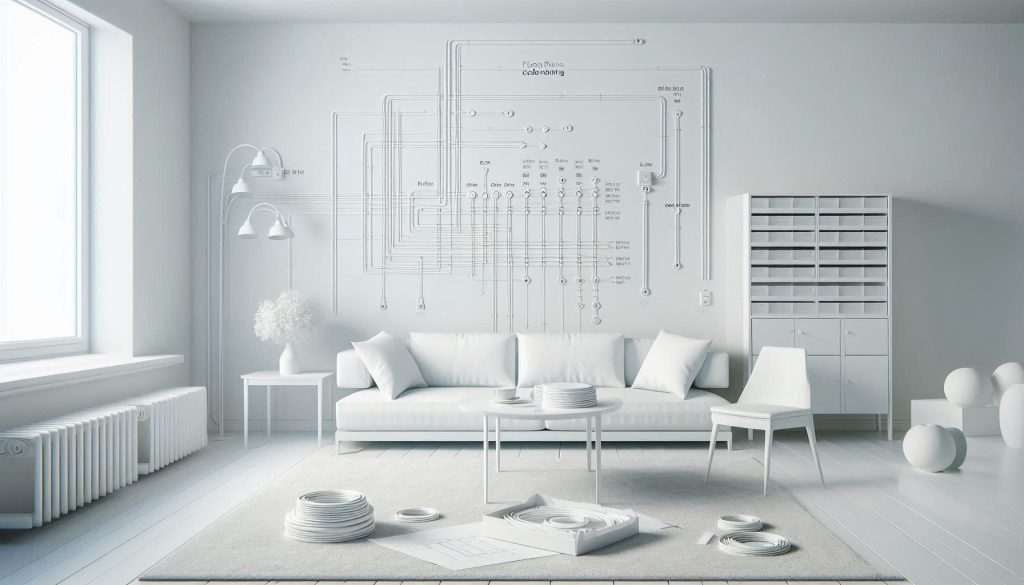 White interior showing mapped cable routes and zoning for concealed home cable management.