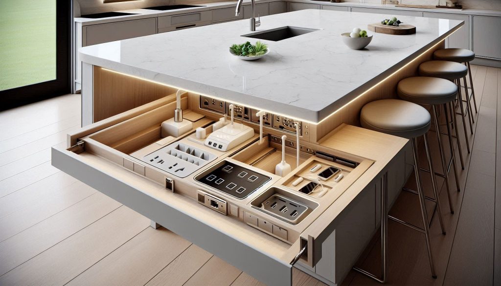 Comparison of pop-up and hidden power outlets installed in a modern kitchen island.