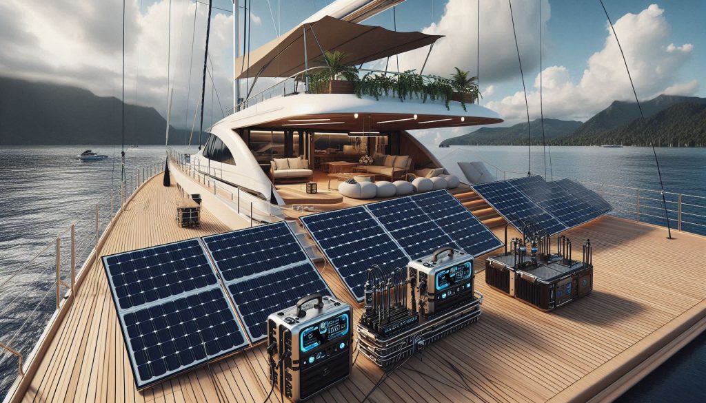 Luxury portable solar panels charging a designer power station on a yacht for off-grid living.
