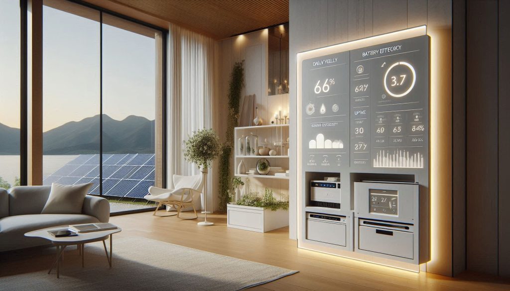 Luxury portable solar system performance monitoring with real-time KPIs and white minimalist hardware.